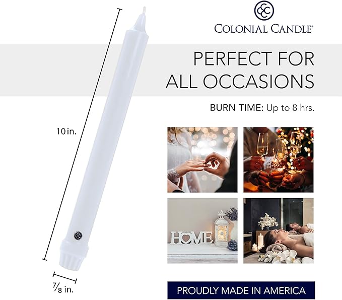 Colonial Candle Unscented Taper Candle, Classic Collection, White, 10 In, Pack of 12 - Up to 8