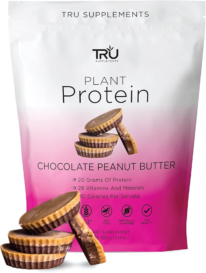 TRU Supplements Plant Based Protein Powder, BCAA, EAA, 20g Vegan Brown Rice & Pea Protein, 100