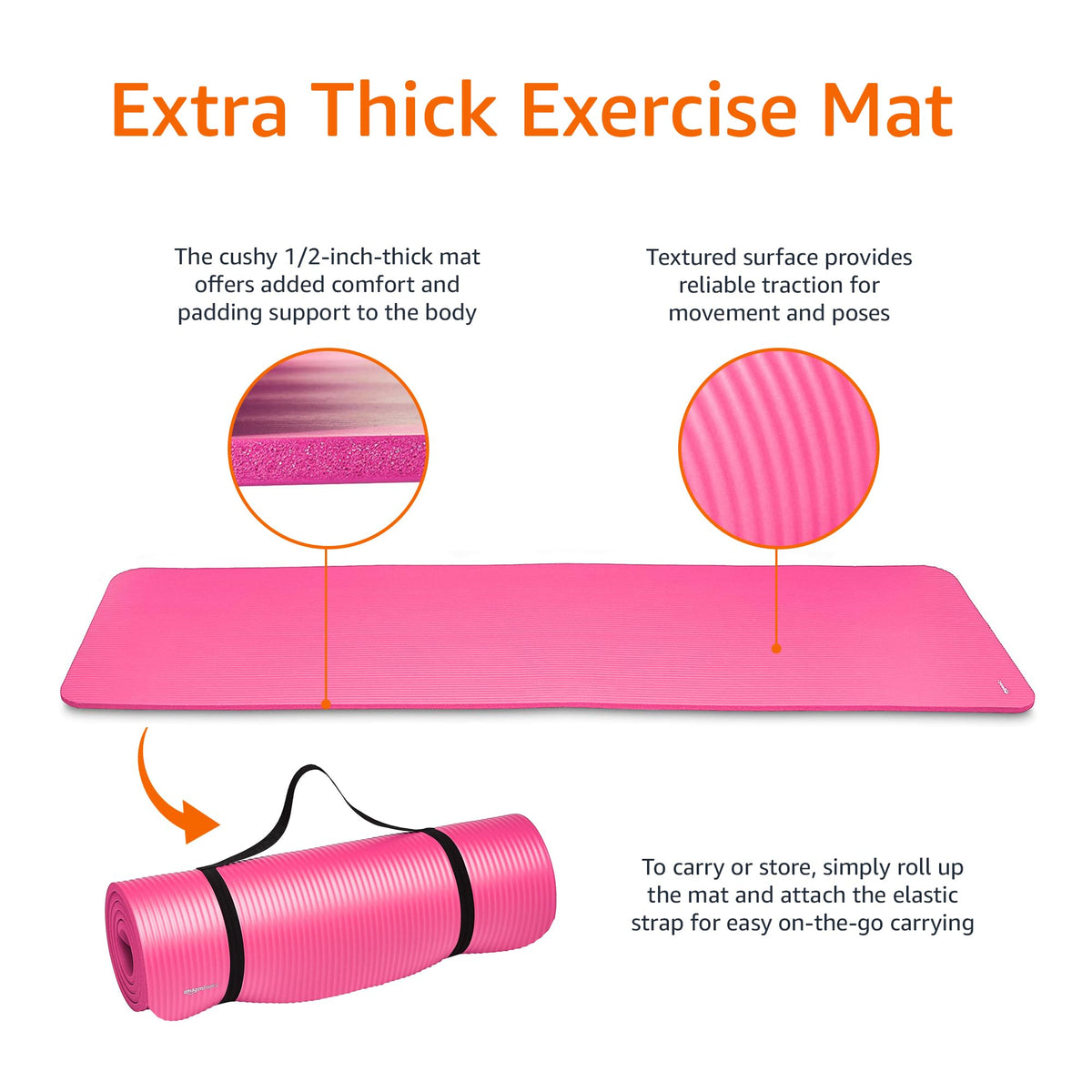 Amazon Basics 1/2 Inch Extra Thick Exercise Yoga Mat with Carrying Strap for Home Workouts and