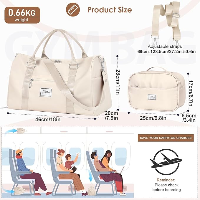 FIORETTO Womens Gym Tote Duffle Bag with Toiletry Bag, Sports Duffel Overnight Hospital Workout
