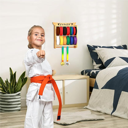 Tilhumt 12 Belts Karate Belt Display Rack with Trophy and Medal Display Rack, Taekwondo Belt