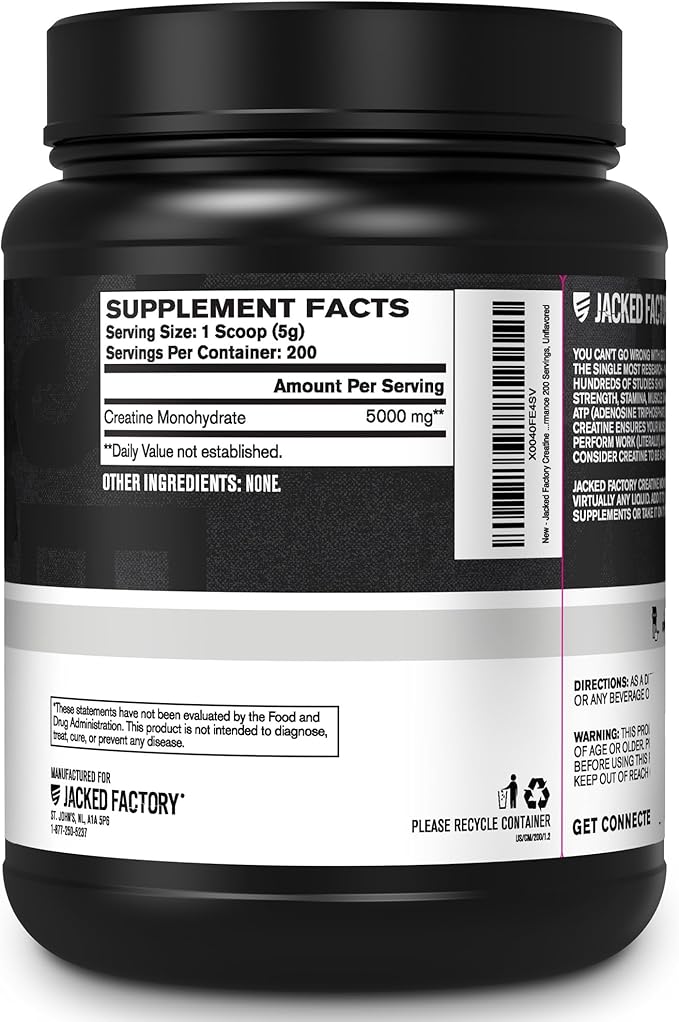 Jacked Factory Creatine Monohydrate Powder 1000g - 5g Daily Creatine Supplement for Men and Women