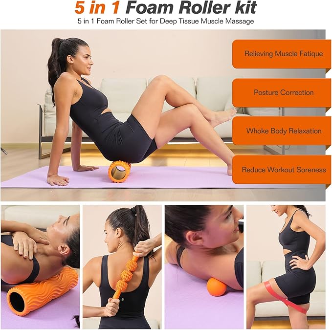 5 in 1 Foam Roller Set - Trigger Point Foam Back Roller, Muscle Roller Stick, Massage Ball