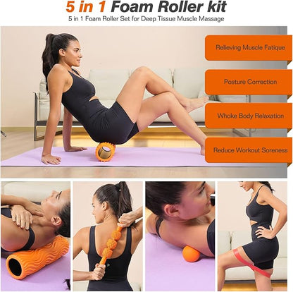 5 in 1 Foam Roller Set - Trigger Point Foam Back Roller, Muscle Roller Stick, Massage Ball