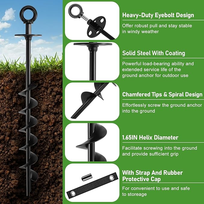 Ground Anchors Screw in - Heavy Duty Trampoline Anchors/Stakes for High Wind, 4 Pack Earth Anchor