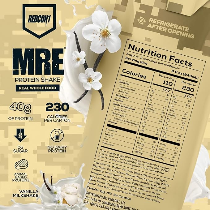 REDCON1 MRE Ready to Drink Protein Shakes, Vanilla Milkshake - Protein Drinks with Whole Food
