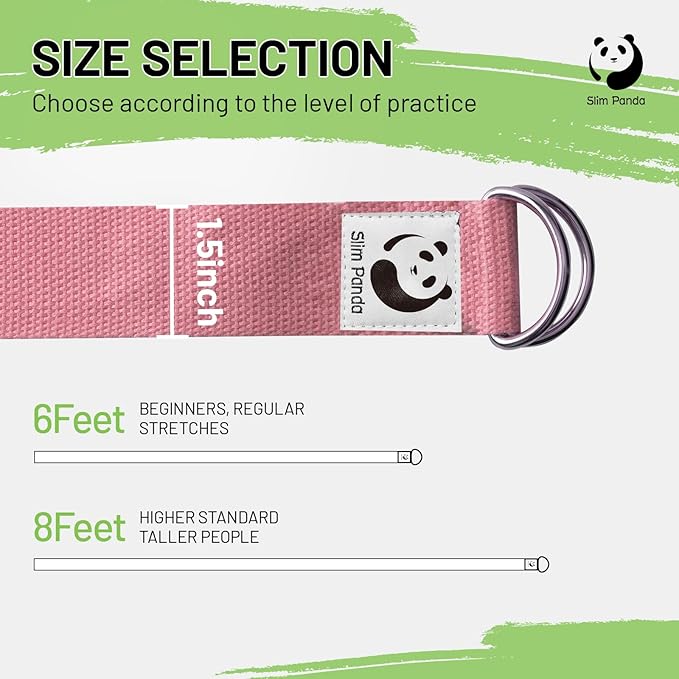 Slim Panda Yoga Strap for Stretching,Cotton Yoga Strap with Adjustable D-Ring Buckle,Non-Elastic