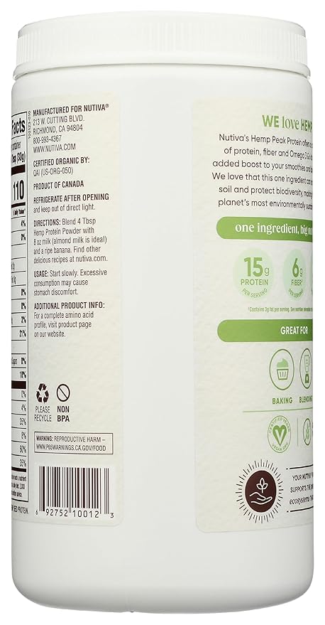 Nutiva Organic Cold-Pressed Raw Hemp Seed Protein Powder, Peak Protein, 16 Oz, USDA Organic