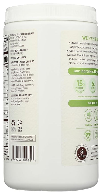 Nutiva Organic Cold-Pressed Raw Hemp Seed Protein Powder, Peak Protein, 16 Oz, USDA Organic