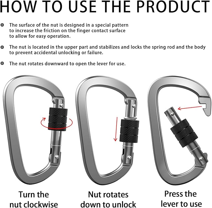 Premium Aluminum D Ring 4" Locking Carabiner Clips with Screw Gate, Set of 4, Lightweight & Durable
