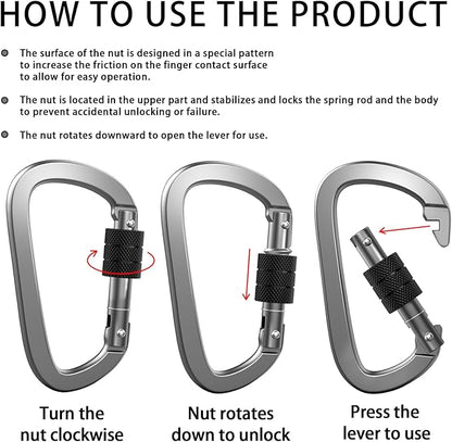 Premium Aluminum D Ring 4" Locking Carabiner Clips with Screw Gate, Set of 4, Lightweight & Durable