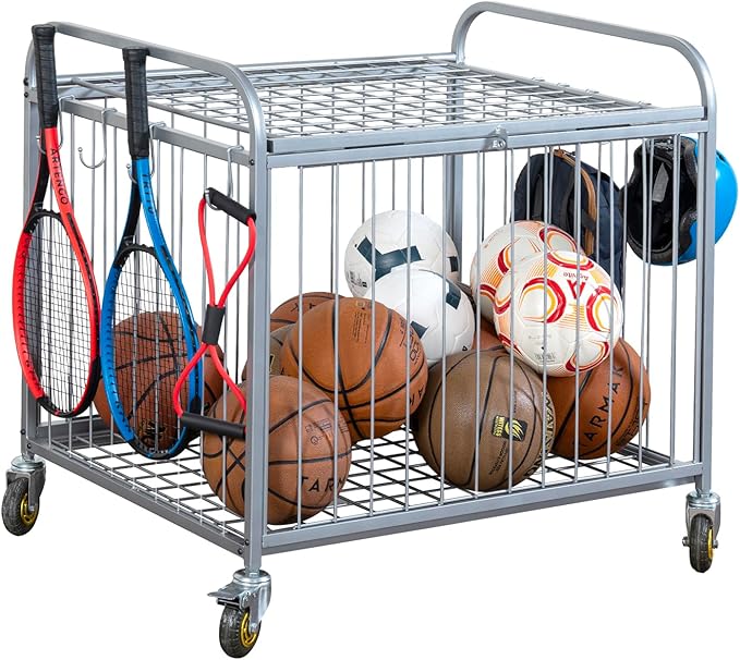 MyGift Large Capacity Metal Rolling Multi Sports Ball Cage Storage Hopper, Gym Equipment Basket