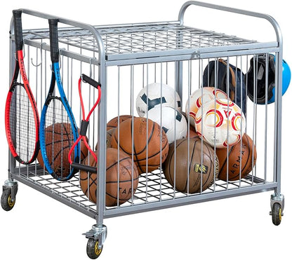 MyGift Large Capacity Metal Rolling Multi Sports Ball Cage Storage Hopper, Gym Equipment Basket