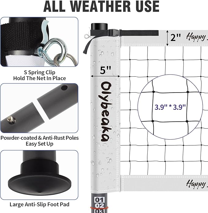 Outdoor Portable Volleyball Net Set for Backyard Beach with Adjustable Heavy Duty Poles, Durable