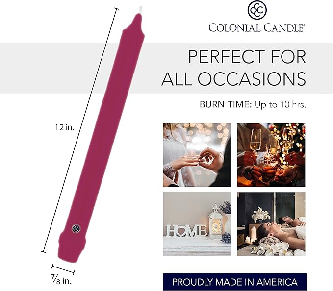 Colonial Candle Unscented Taper Candle, Classic Collection, Mulberry, 12 in, Pack of 12 - Up to 10