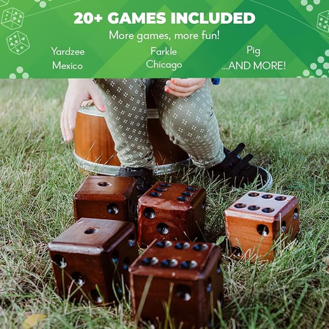 SWOOC Games - Yardzee, Farkle & 20+ Giant Dice Games (All Weather) Yard Dice with Wooden Bucket, 5