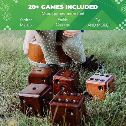 SWOOC Games - Yardzee, Farkle & 20+ Giant Dice Games (All Weather) Yard Dice with Wooden Bucket, 5