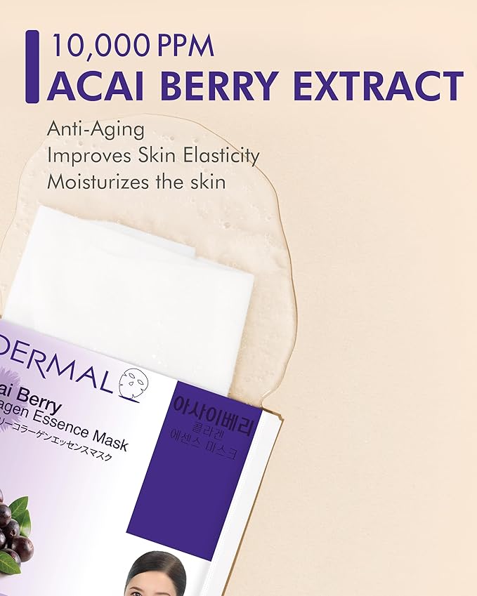DERMAL Acai Berry Collagen Essence Facial Mask Sheet 23g Pack of 10 - Moisturizing & Firming Keeps