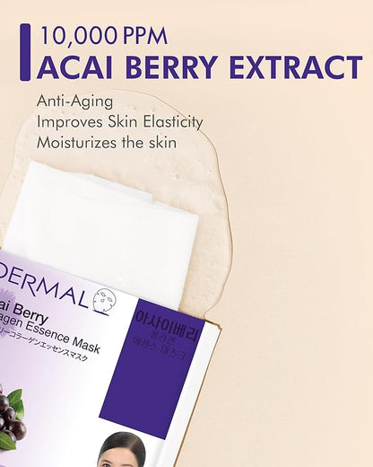 DERMAL Acai Berry Collagen Essence Facial Mask Sheet 23g Pack of 10 - Moisturizing & Firming Keeps