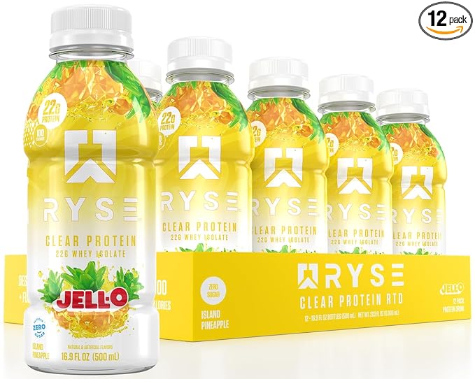 RYSE Clear Protein Shake - Jell-O Island Pineapple - 100 Calories, 22g Whey Isolate Protein