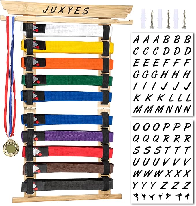 JUXYES Wall Hanging Martial Arts Belts Organizer for 10 Belts with Medal Hanger and Stickers