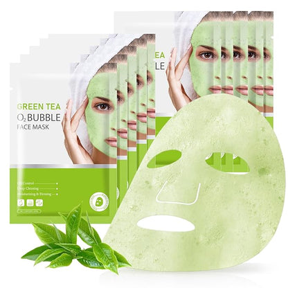 10 Sheets Face Masks Skincare O2 Bubble Green Tea Face Mask, Cleaner Bubble Sheet Masks Foaming