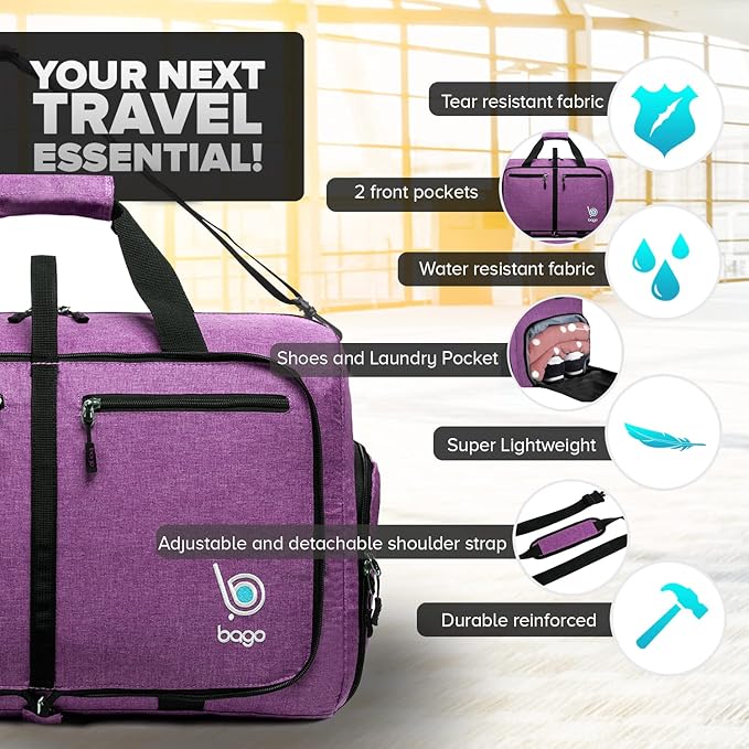 Bago Foldable Duffel Bags for Traveling Women & Men - 40L Sports Packable Duffle Bag for Travel