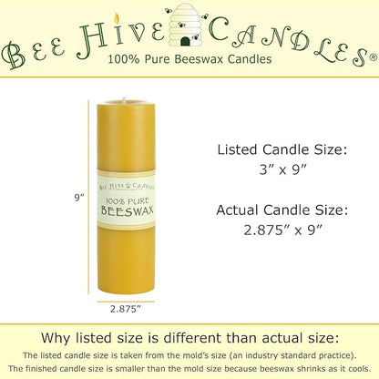 100% Pure Beeswax Pillar Candle (3" x 9") | Natural Beeswax Candles | Soy, Paraffin & Fragrance