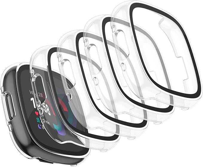 Vancle Case for Fitbit Versa 4 / Fitbit Sense 2, 4-Pack Screen Protector Tempered Glass Full Around