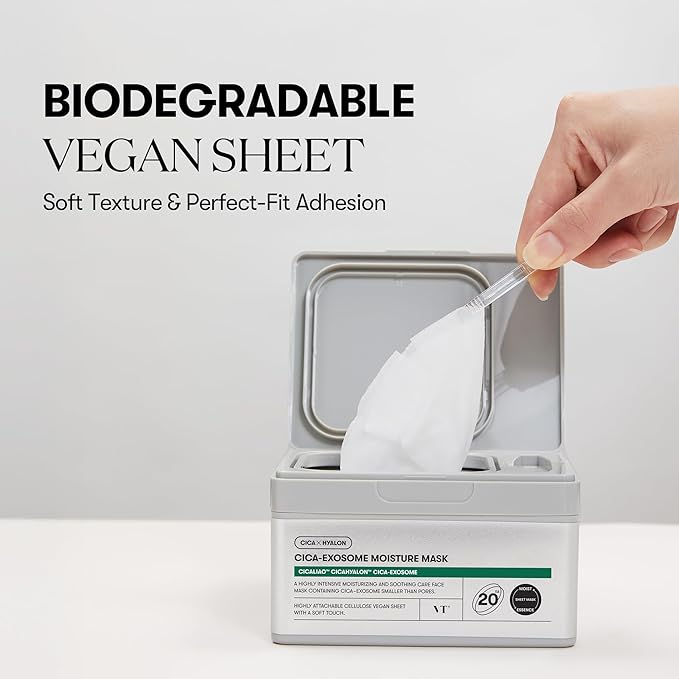 VT COSMETICS Cica-Exosome Moisture Mask 20 Sheets, Centella Asiatica & Hyaluronic Acid with