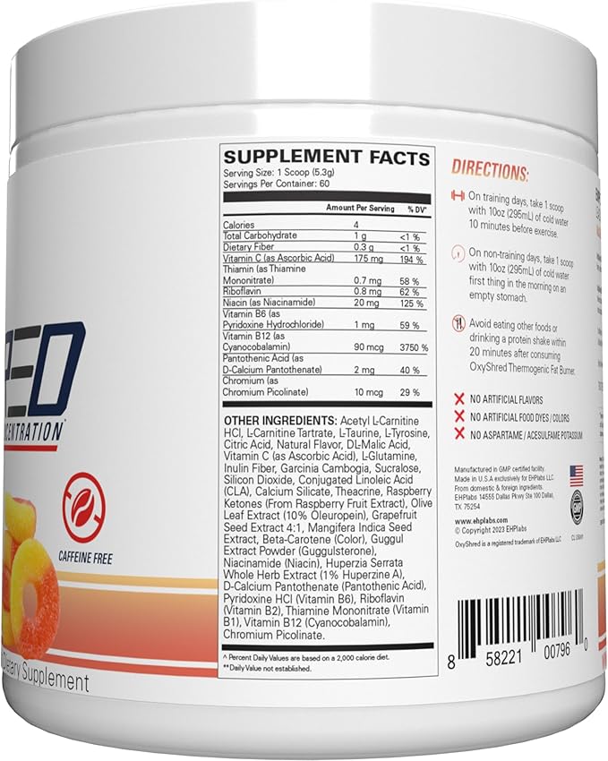 EHP Labs OxyShred Non Stimulant Pre Workout Powder - Stim Free Pre Workout, Caffeine Free