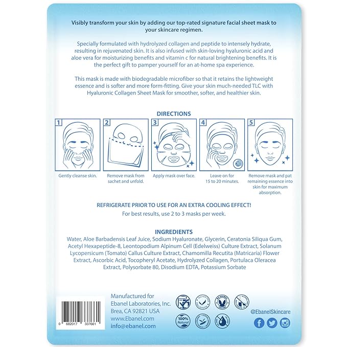 Ebanel 20 Pack Collagen Face Mask with Hyaluronic Acid, Vitamin C, Peptide, Aloe, Instant