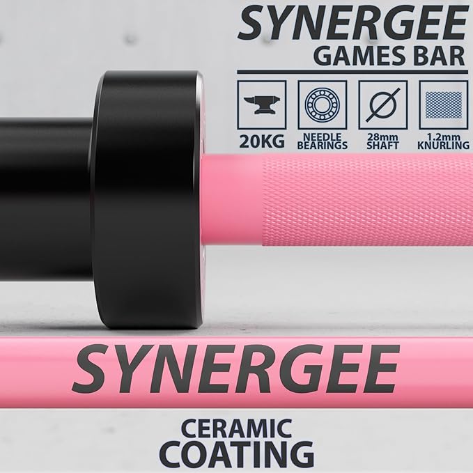 Synergee Games 15kg and 20kg Colored Ceramic Coated Barbells. Rated 1500lbs for Weightlifting and