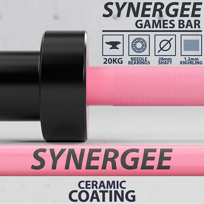 Synergee Games 15kg and 20kg Colored Ceramic Coated Barbells. Rated 1500lbs for Weightlifting and