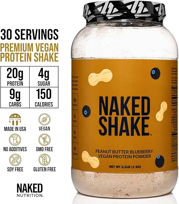 Naked Shake - Peanut Butter Blueberry Protein Powder, Plant Based Protein with Mct Oil