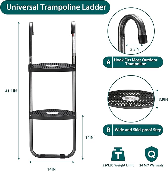 HBTower Trampoline Ladder with Horizontal and Wide Steps, Universal Hook, UV Treated Steel, 220 lbs