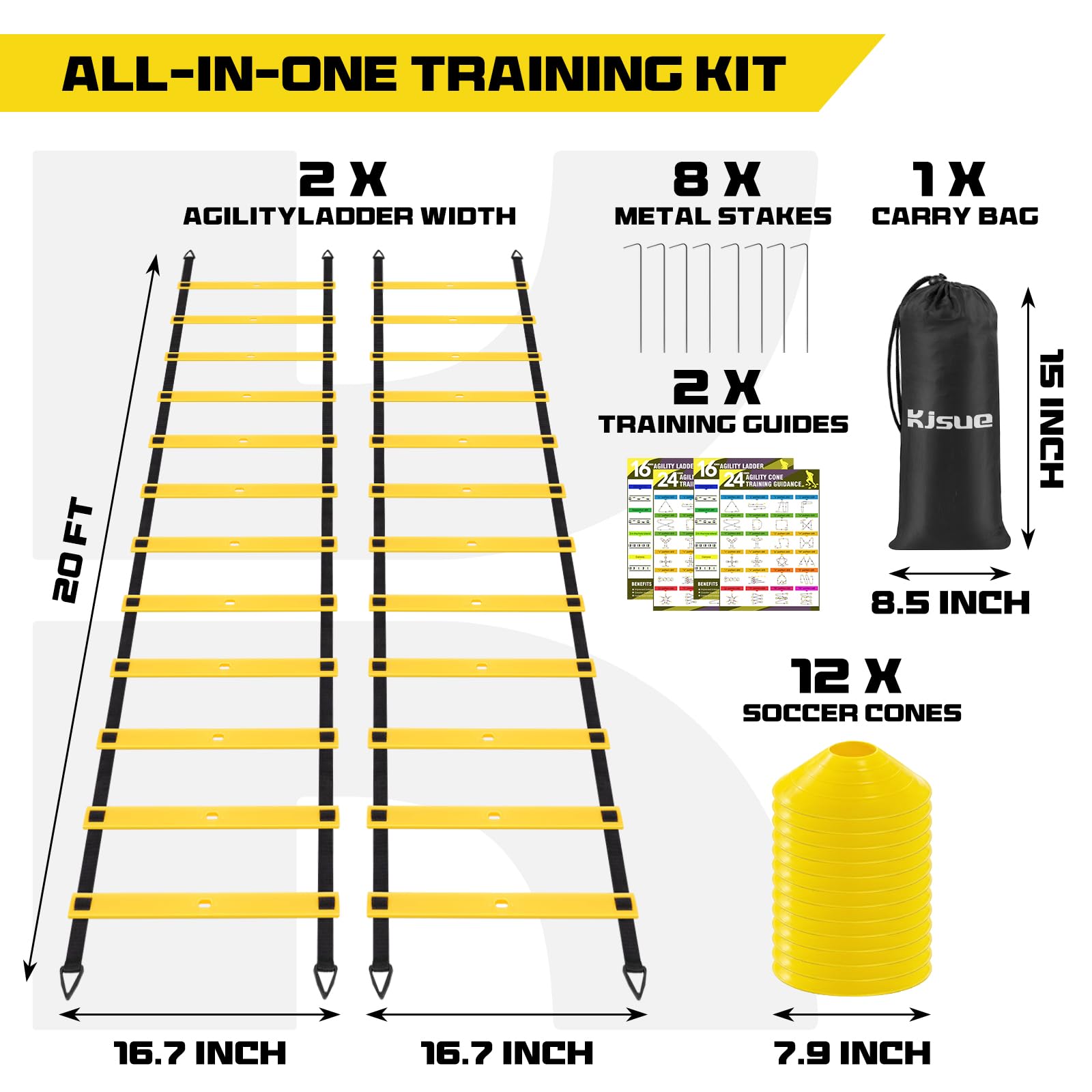 2 Pack 20ft Agility Ladder Set, 40ft Total Adjustable Speed Ladder with 12 Cones, 8 Stakes, 1 Carry