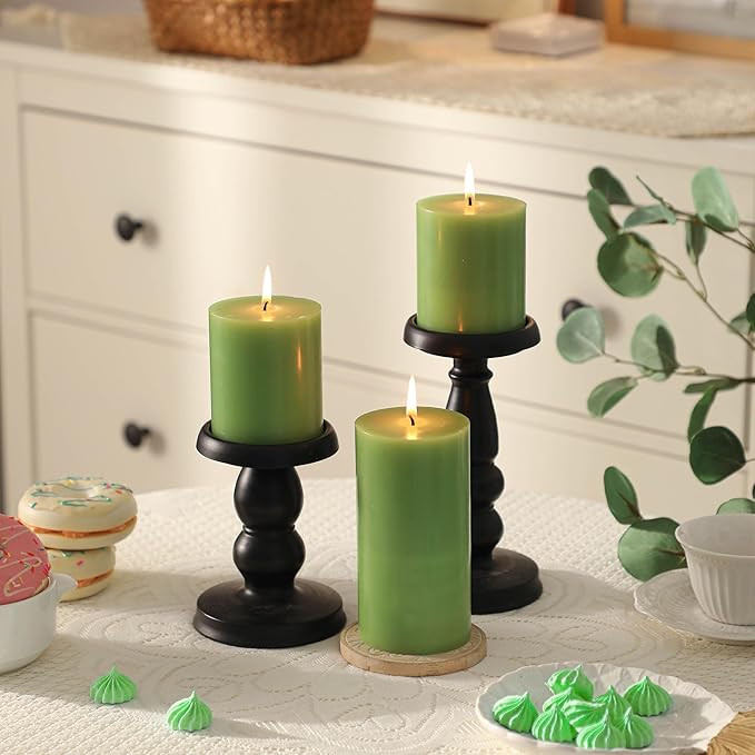 3x6 Inch Green Pillar Candles Set of 3 - Decorative Unscented Pillar Candle, Long Burning Dripless