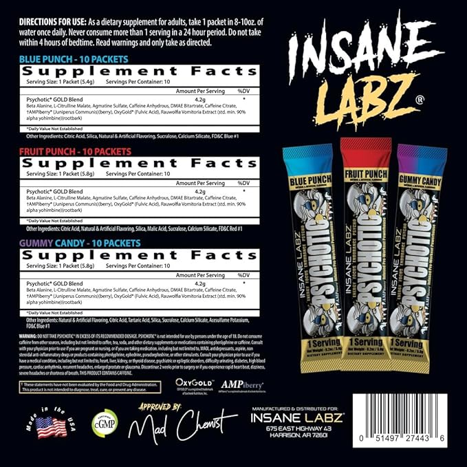 Insane Labz Psychotic Gold, High Stimulant Pre Workout Powder, Extreme Lasting Energy Focus, Pumps