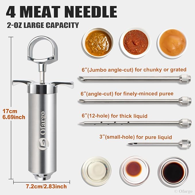 Stainless Steel Meat Injector Syringe Kit with 4 Marinade Needles for BBQ Grill Smoker, 2-oz Large