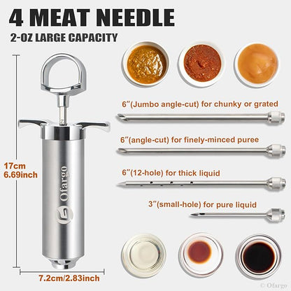 Stainless Steel Meat Injector Syringe Kit with 4 Marinade Needles for BBQ Grill Smoker, 2-oz Large