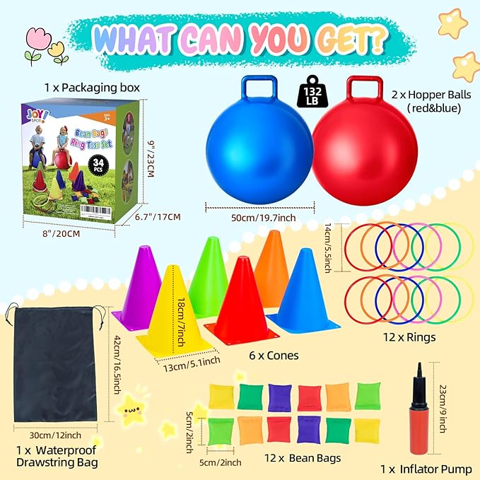 35PCS 4 in 1 Carnival Outdoor Games Combo Set for Kids, Soft Plastic Cones Bean Bags Ring Toss