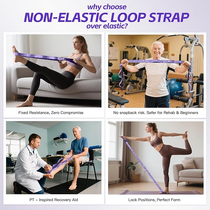 Stretching Strap with Loops - Non Elastic Yoga Straps for Physical Therapy, Durable Stretch Bands