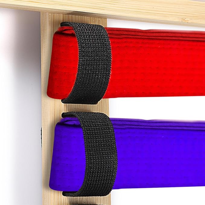 JUXYES Wall Hanging Martial Arts Belts Organizer for 10 Belts with Medal Hanger and Stickers