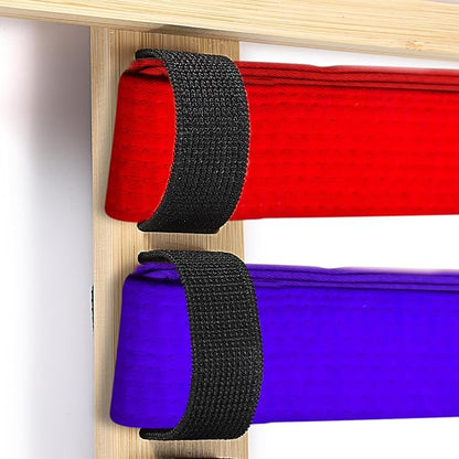 JUXYES Wall Hanging Martial Arts Belts Organizer for 10 Belts with Medal Hanger and Stickers