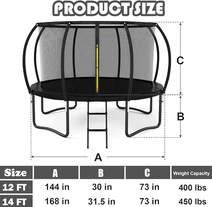 Trampoline 12FT 14FT 15FT 16FT for Kids/Adults - Outdoor Recreational with Enclosure Net Curved