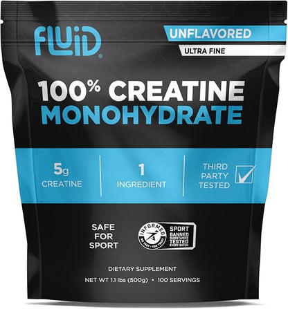 Fluid Creatine - 100% Creatine Monohydrate Powder, Unflavored, Informed Sport Certified, 5g per