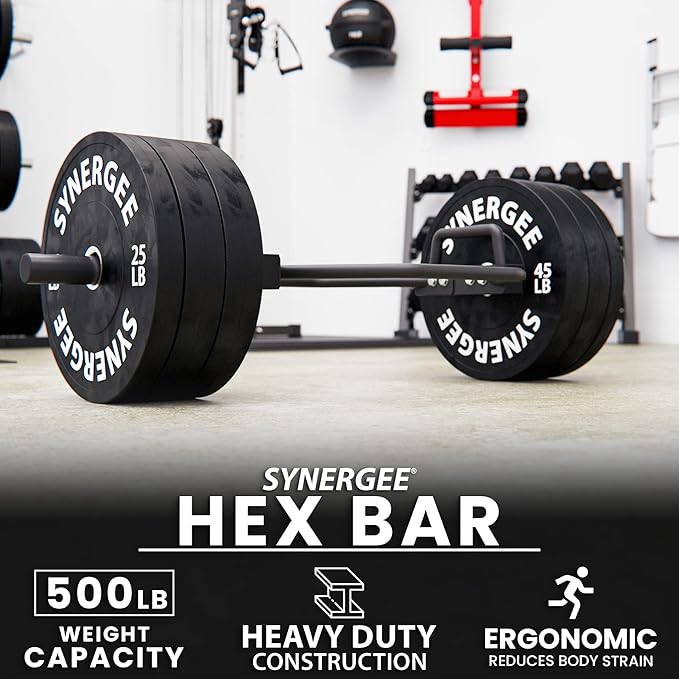 Synergee 20kg and 25kg Chrome or Black Olympic Hex Barbell Trap Bar with Rotating, Flat or Raised
