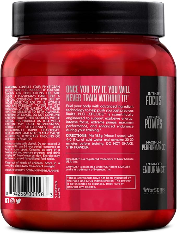 BSN N.O.-XPLODE Pre Workout Powder, Energy Supplement for Men and Women with Creatine and