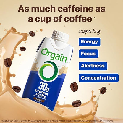Orgain 30g High Protein Shake, Café Latte, 5g BCAAs, 1g Sugar Per Serving, Caffeine from 1 Cup of